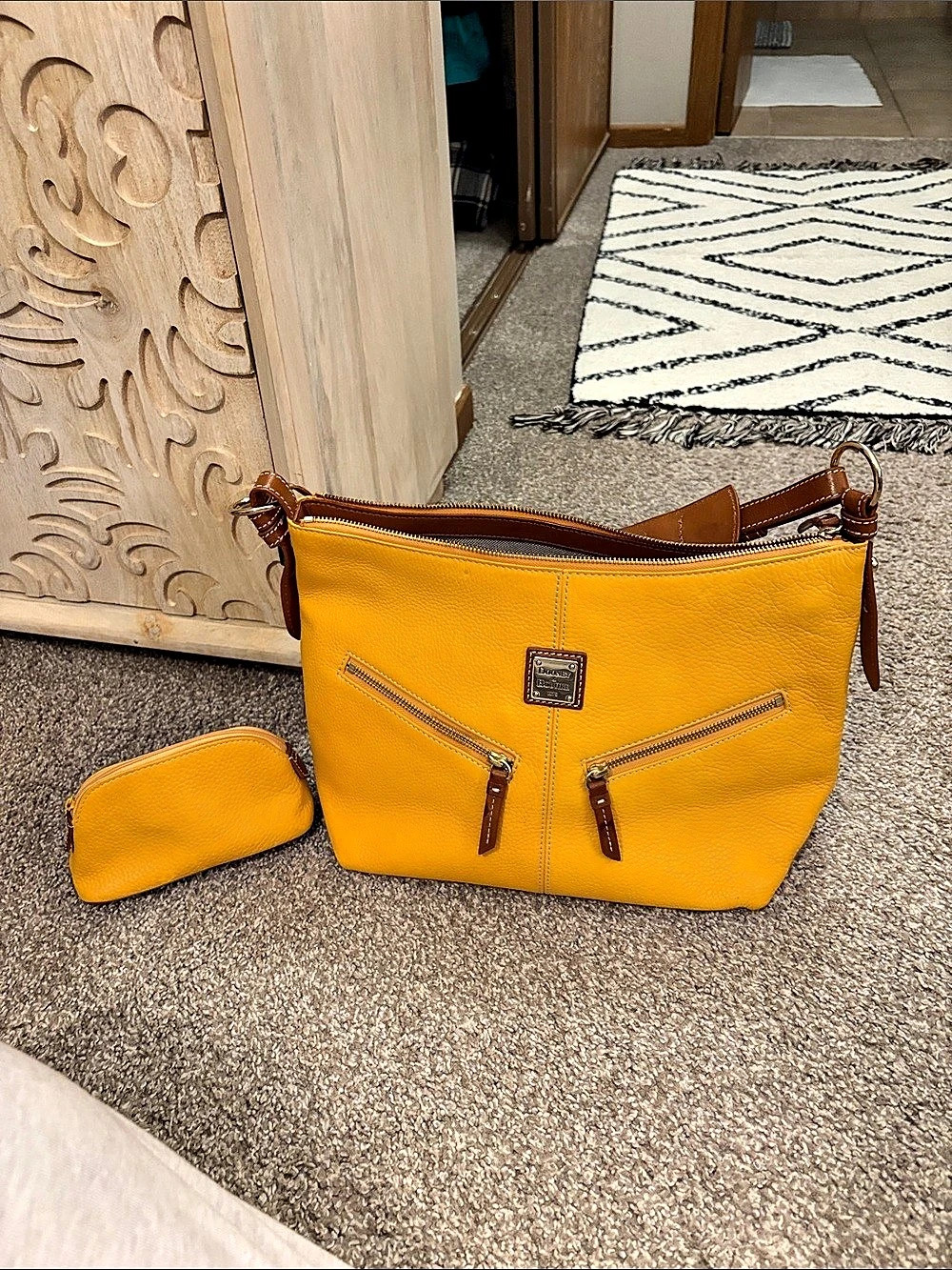 Dooney & Bourke Pebble Grain Double Zip Pocket Satchel gold& Brown
